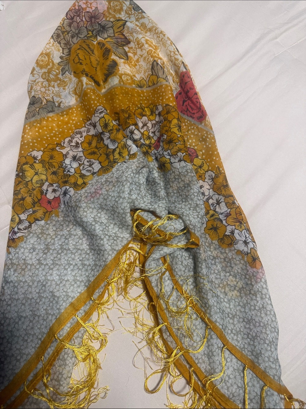 H&M Gold fringed scarf. Beautiful Gold Flowered Pattern - Picture 2 of 6